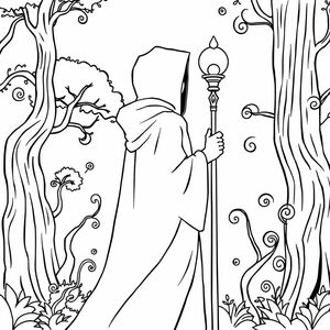 A side view of a mysterious cloaked sorcerer with glowing purple eyes, holding a staff with a swirling crystal orb, in a shadowy enchanted forest, in a Studio Ghibli-inspired style.

