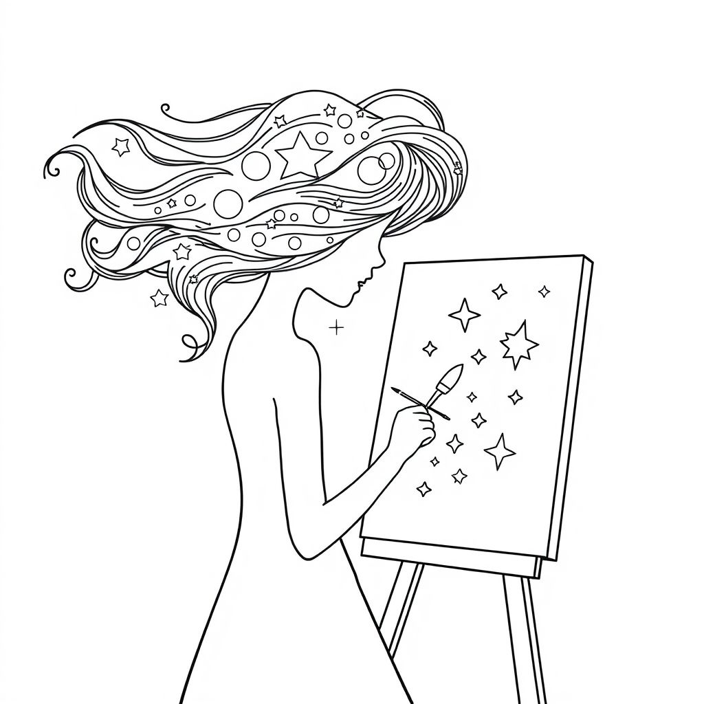 A profile view of an ethereal artist with flowing galaxy-patterned hair, painting a canvas with glowing constellations, in a dreamlike starry void, in a surrealist watercolor style.

