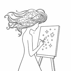 A profile view of an ethereal artist with flowing galaxy-patterned hair, painting a canvas with glowing constellations, in a dreamlike starry void, in a surrealist watercolor style.

