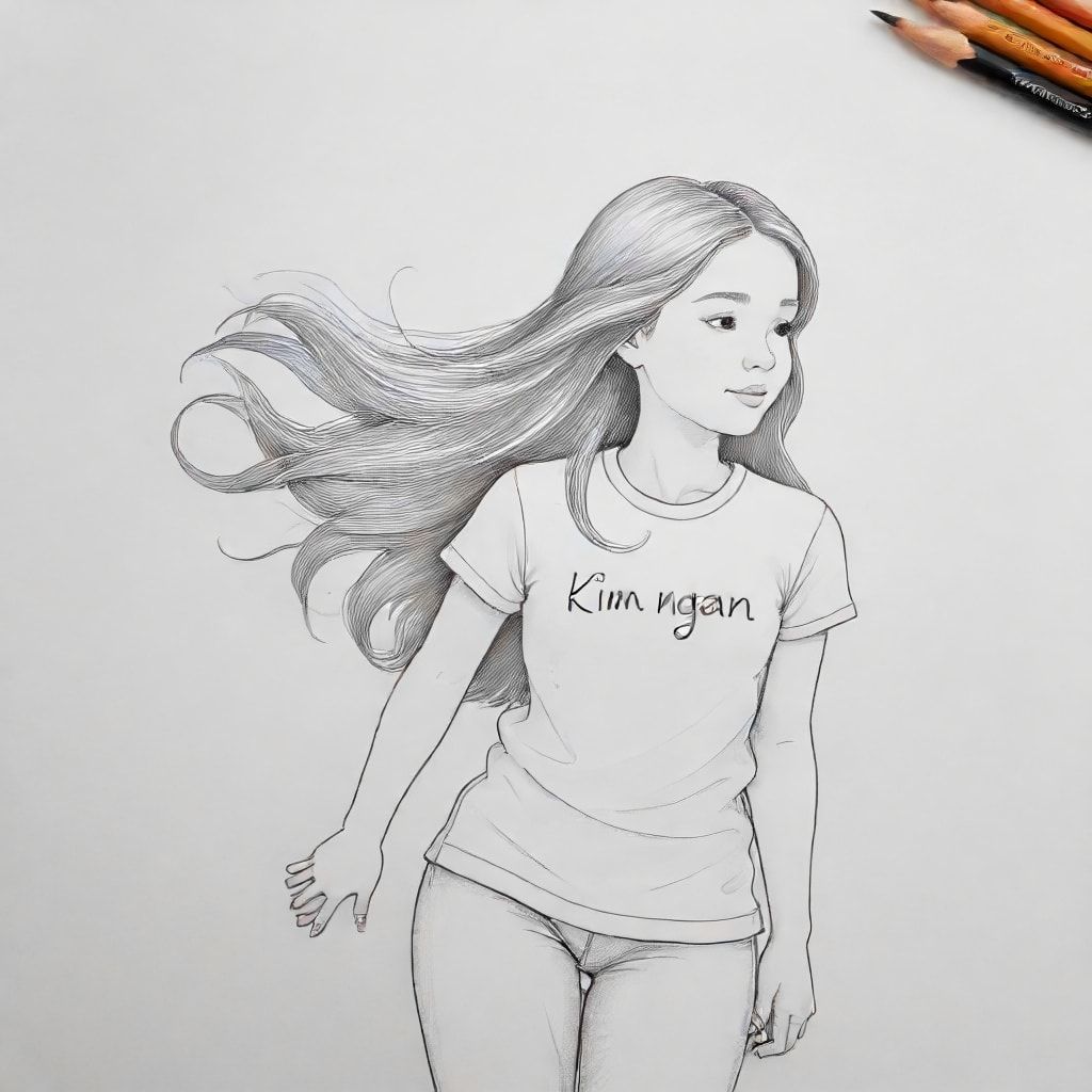 Miniature statue of a female human wearing a t-shirt printed with the word honeysuckle, long hair, 