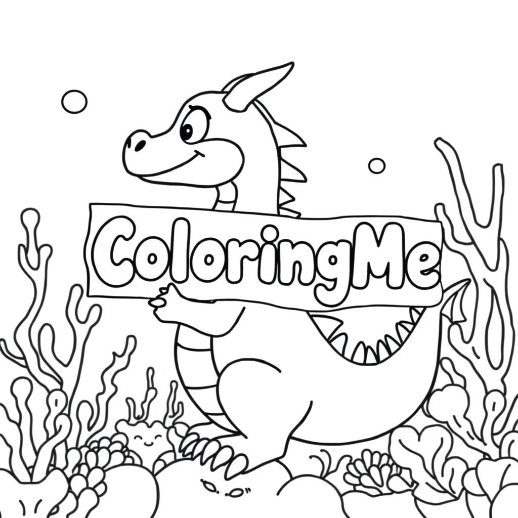 Một cái nhìn hồ sơ của một con rồng thân thiện, cầm một tấm biển có chữ "ColoringMe" được viết bằng chữ bong bóng màu trắng, trong hồ sơ, trong vương quốc rạn san hô dưới nước