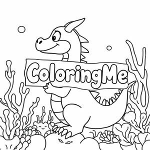 Một cái nhìn hồ sơ của một con rồng thân thiện, cầm một tấm biển có chữ "ColoringMe" được viết bằng chữ bong bóng màu trắng, trong hồ sơ, trong vương quốc rạn san hô dưới nước
