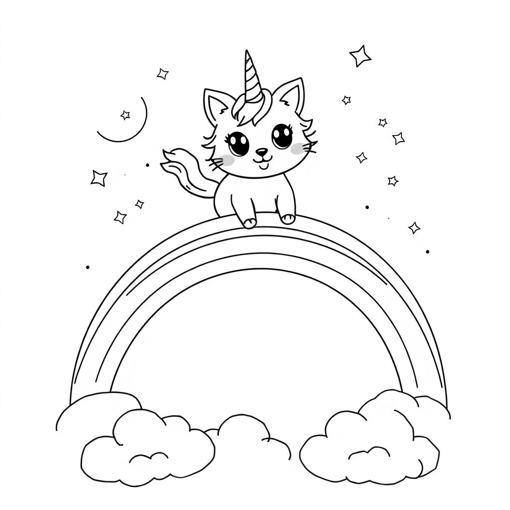 "Soaring through the sky, a mystical unicorn cat glides gracefully above a shimmering rainbow, its tiny golden horn glowing with enchantment. Its fluffy fur sparkles with soft pastel hues, reflecting the magical energy around it. As it twirls playfully in the air, trails of stardust and glitter follow, creating a breathtaking celestial dance. Below, fluffy clouds float like cotton candy, and the sky bursts with dazzling colors, painting the perfect dreamlike world where anything feels possible. With wide, gleaming eyes full of wonder, the unicorn cat radiates joy, inviting all who see it to believe in the magic of imagination."