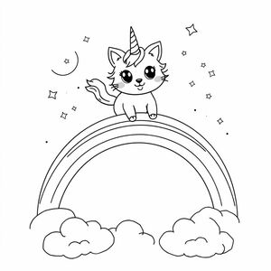 "Soaring through the sky, a mystical unicorn cat glides gracefully above a shimmering rainbow, its tiny golden horn glowing with enchantment. Its fluffy fur sparkles with soft pastel hues, reflecting the magical energy around it. As it twirls playfully in the air, trails of stardust and glitter follow, creating a breathtaking celestial dance. Below, fluffy clouds float like cotton candy, and the sky bursts with dazzling colors, painting the perfect dreamlike world where anything feels possible. With wide, gleaming eyes full of wonder, the unicorn cat radiates joy, inviting all who see it to believe in the magic of imagination."
