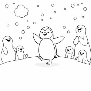 "In the heart of a shimmering winter wonderland, a joyful little penguin twirls and hops on the soft, glistening snow, dancing as if the whole world is its stage. With tiny wings flapping in excitement and a happy hum filling the frosty air, the penguin moves to a rhythm only it can hear. Around it, fluffy snowflakes swirl down like confetti, catching the light of a glowing aurora painting the sky in mesmerizing shades of blue, purple, and pink. Nearby, a group of cheerful snow animals—smiling seals, curious polar bears, and clapping otters—watch in admiration, enchanted by the penguin’s lively performance. It’s a moment of pure joy, where winter feels warm, and every movement is filled with magic.