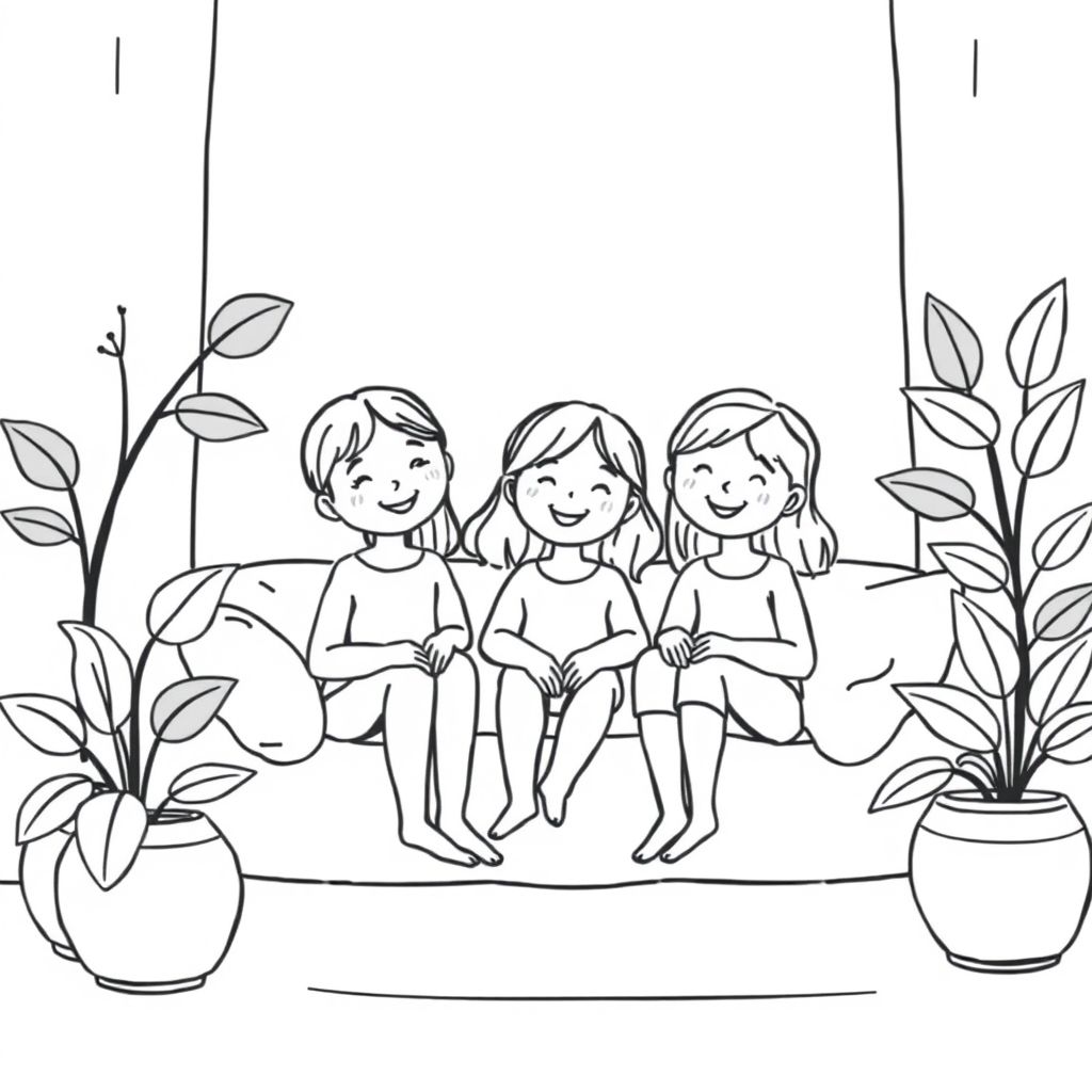A cute cozy coloring page of 3 girls sitting around in a cozy environment with plants around and it's cozy warm setting
