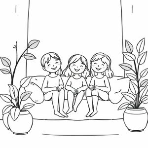A cute cozy coloring page of 3 girls sitting around in a cozy environment with plants around and it's cozy warm setting