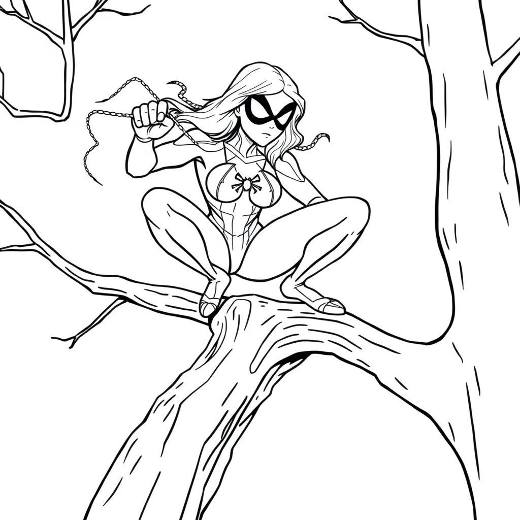 Super busty spider-gwen crouched on a tree branch shooting webs out from her wrist