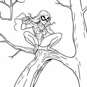 Super busty spider-gwen crouched on a tree branch shooting webs out from her wrist