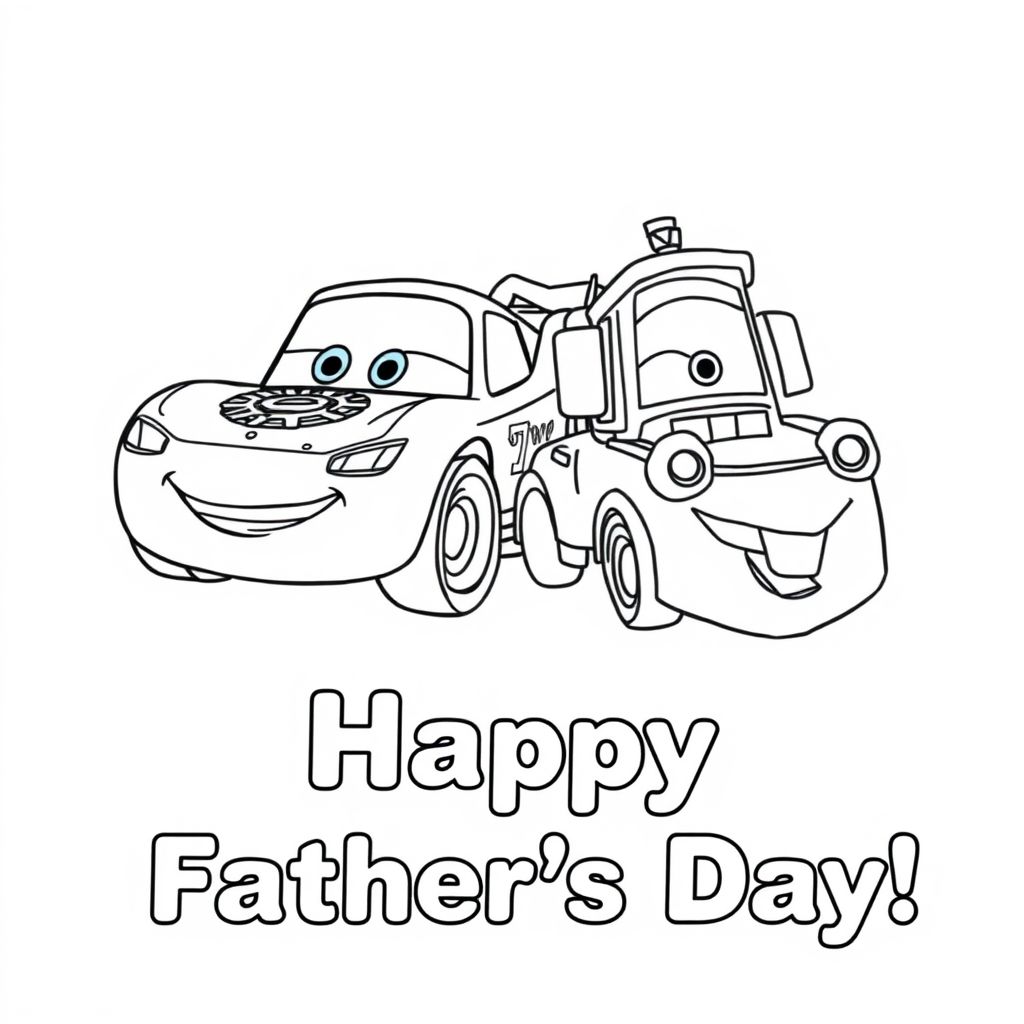Character Lightening McQueen and Tow Mater, with text to color "Happy Father's Day!"