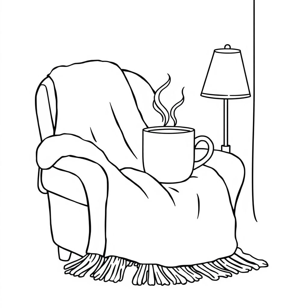 Cocooning ambience: Wool blanket, steaming mug and subdued light from a lamp