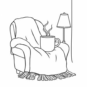 Cocooning ambience: Wool blanket, steaming mug and subdued light from a lamp