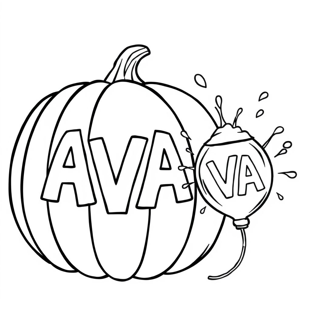 A pumpkin with AVA carved into it. A water balloon is bursting open after impacting the side of the pumpkin. The balloon smashed after impact into pieces and there is water splashing in mid air after the impact.  The balloon is not intact.  it is already after exploding