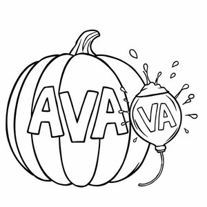 A pumpkin with AVA carved into it. A water balloon is bursting open after impacting the side of the pumpkin. The balloon smashed after impact into pieces and there is water splashing in mid air after the impact.  The balloon is not intact.  it is already after exploding