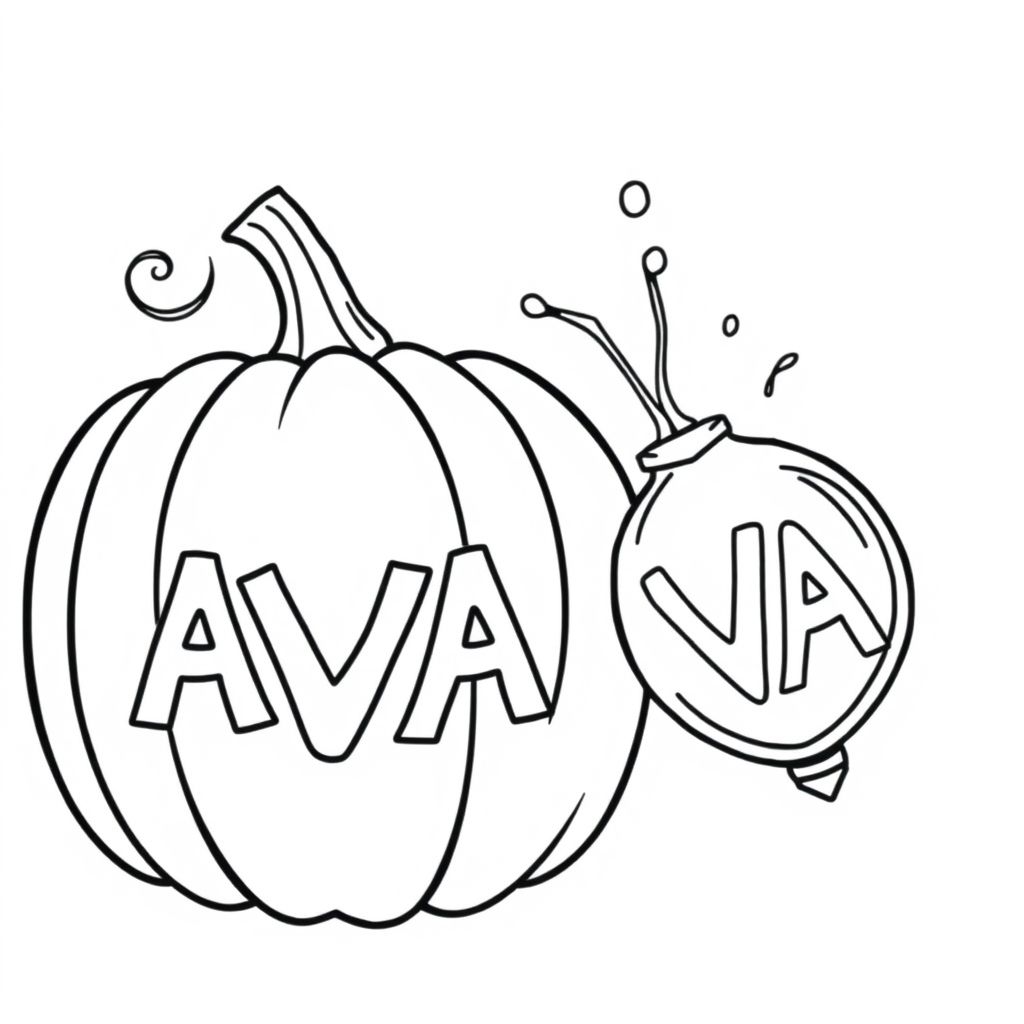 A pumpkin with AVA carved into it. A water balloon is bursting open after impacting the side of the pumpkin. The balloon smashed after impact into pieces and there is water splashing in mid air after the impact. The balloon is after exploding into 5 pieces on impact