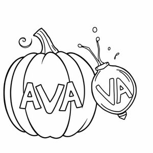 A pumpkin with AVA carved into it. A water balloon is bursting open after impacting the side of the pumpkin. The balloon smashed after impact into pieces and there is water splashing in mid air after the impact. The balloon is after exploding into 5 pieces on impact