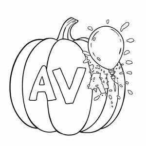 A pumpkin with AVA carved into it. A water balloon is bursting open after impacting the side of the pumpkin. The balloon smashed after impact into pieces and there is water splashing in mid air after the impact. The balloon is not intact. 