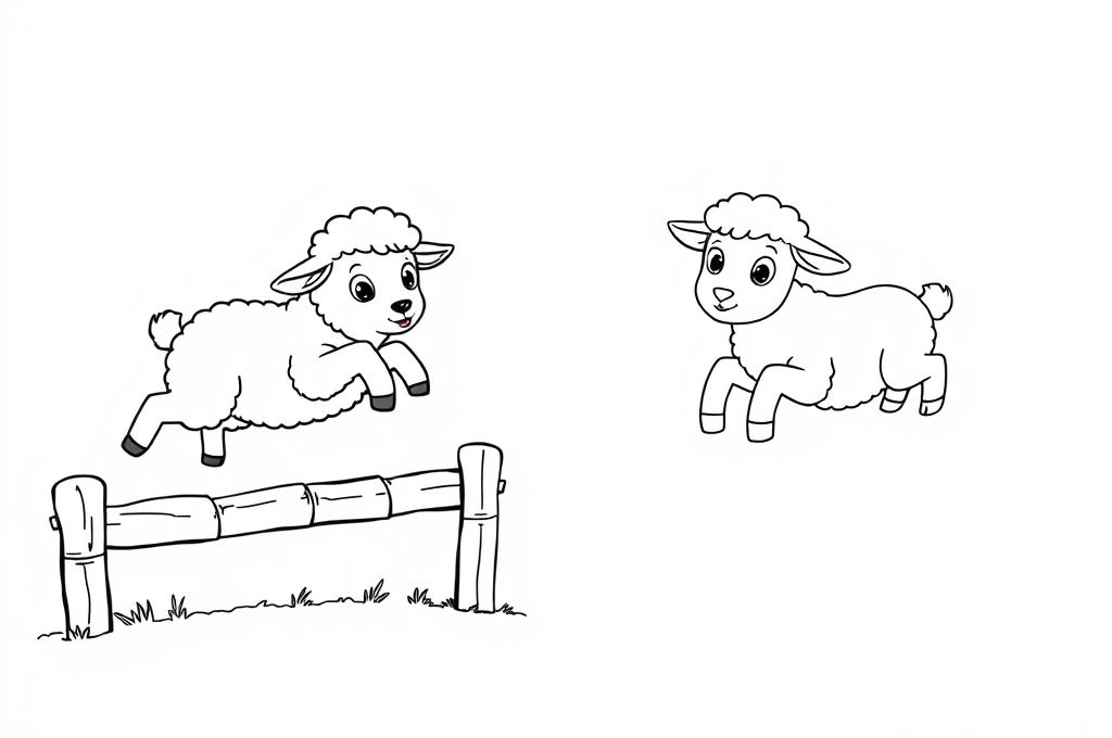  Generate an image in 16:9 ratio for kids colouring book with a colored illustration of 'a fluffy lamb' jumping over a fence on the left side, and the same illustration in a black-and-white outline on the right side. Include curly wool, big eyes, and little hooves to enhance the image. Both sections should have a white background
