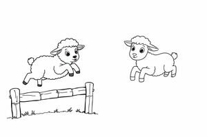  Generate an image in 16:9 ratio for kids colouring book with a colored illustration of 'a fluffy lamb' jumping over a fence on the left side, and the same illustration in a black-and-white outline on the right side. Include curly wool, big eyes, and little hooves to enhance the image. Both sections should have a white background