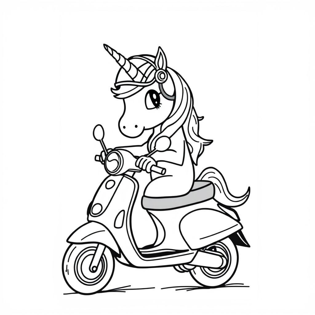 Unicorn wearing a Helmut on a scooter