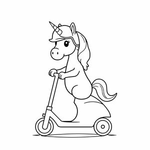 Unicorn wearing a Helmut on a push scooter