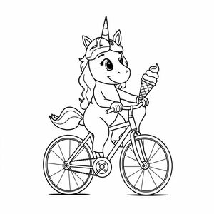 Unicorn wearing a Helmut on a bike, eating an icecream
