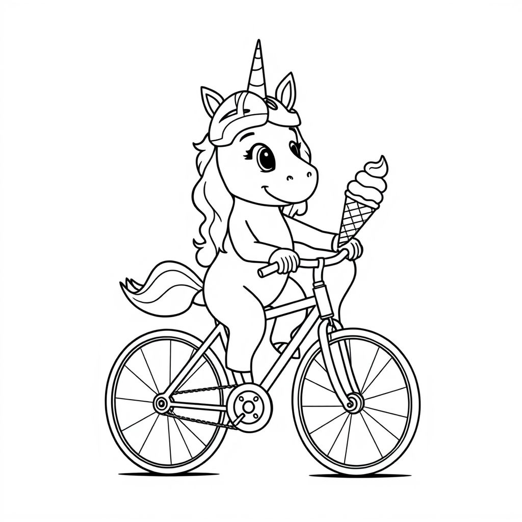 Unicorn wearing a Helmut on a bike, eating an icecream
