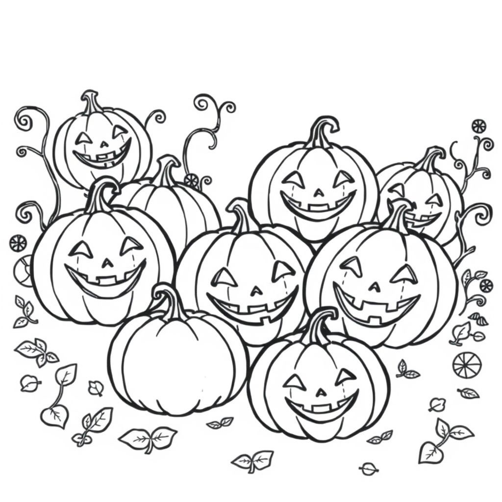 Pumpkin patch with smiling jack-o’-lanterns colouring