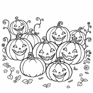 Pumpkin patch with smiling jack-o’-lanterns colouring