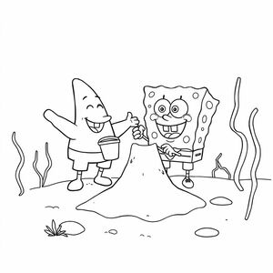 Patrick and SpongeBob building a sandcastle under the sea