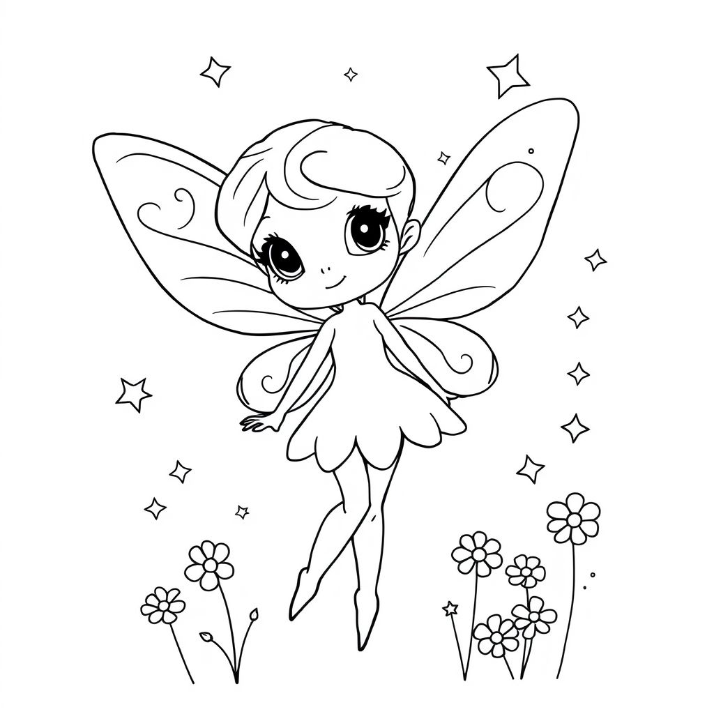 a cute whimsical fairy themed coloring page size 1:1 unique 