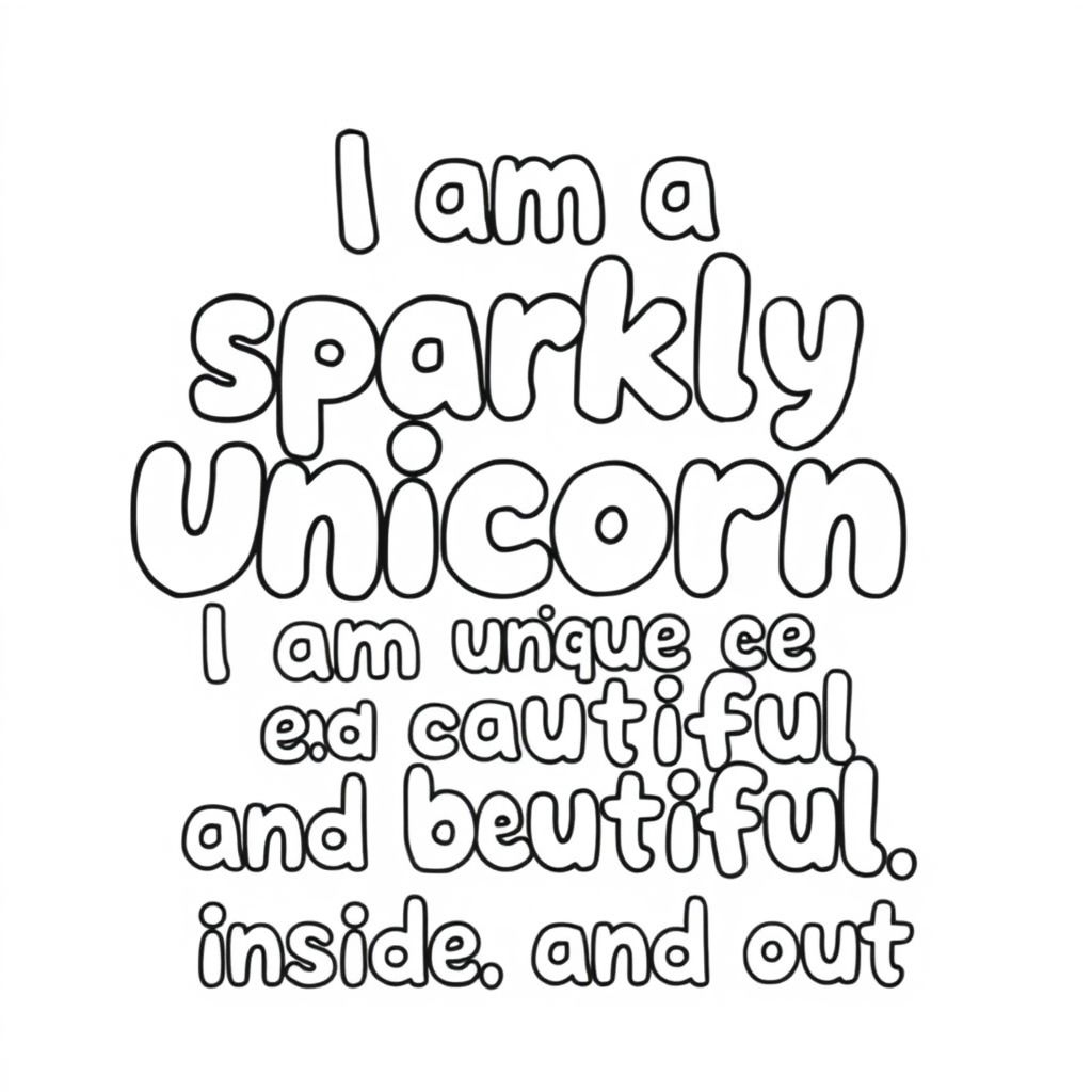 Using bubble words only "I am a sparkly unicorn. I am unique and beautiful, inside and out."