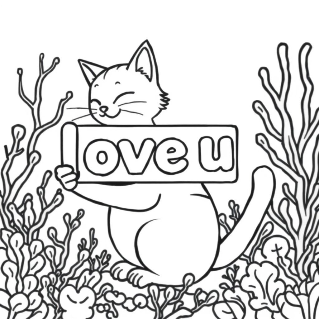 A profile view of a friendly cat, holding a sign with "love u" written in white bubble letters, in profile, in a underwater coral reef kingdom, surrealist style