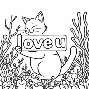 A profile view of a friendly cat, holding a sign with "love u" written in white bubble letters, in profile, in a underwater coral reef kingdom, surrealist style