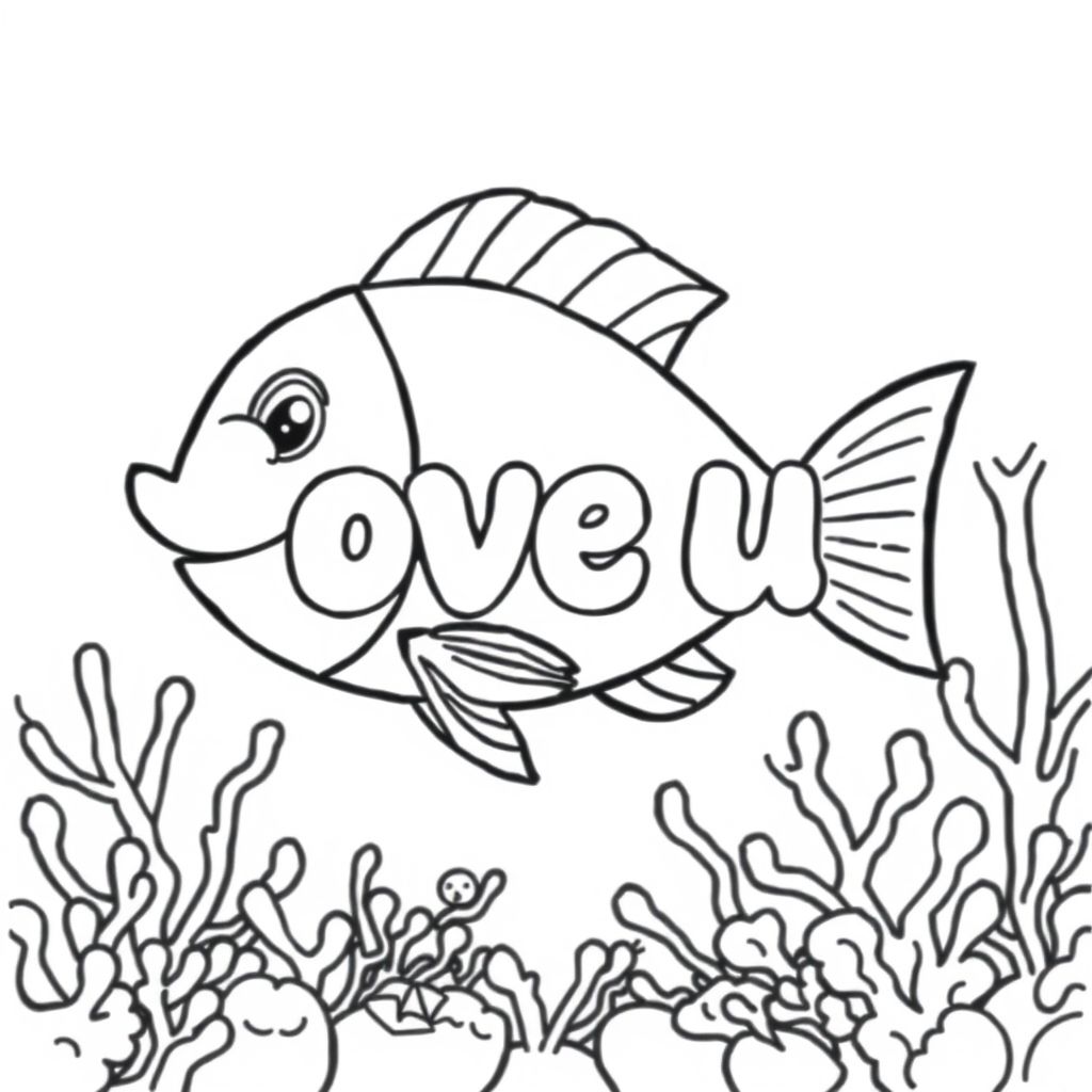 A profile view of a friendly fish, holding a sign with "love u" written in white bubble letters, in profile, in a underwater coral reef kingdom, surrealist style