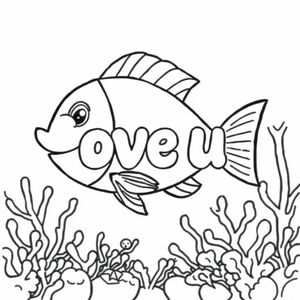 A profile view of a friendly fish, holding a sign with "love u" written in white bubble letters, in profile, in a underwater coral reef kingdom, surrealist style