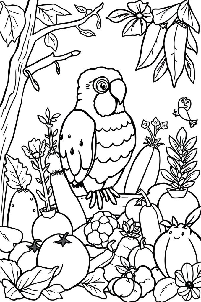 Make simple black and white sketch drawing like a colorful page. Animals, tools, fruits and vegetables