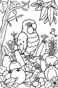 Make simple black and white sketch drawing like a colorful page. Animals, tools, fruits and vegetables
