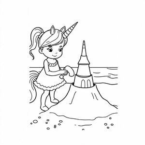 A girl and a unicorn, building a sandcastle on the beach
