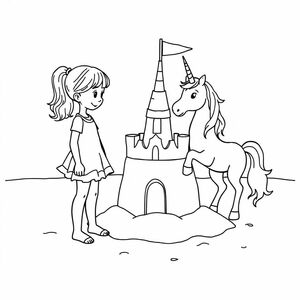 A girl standing at one side of a sandcastle, and a unicorn at the other side, on a beach

