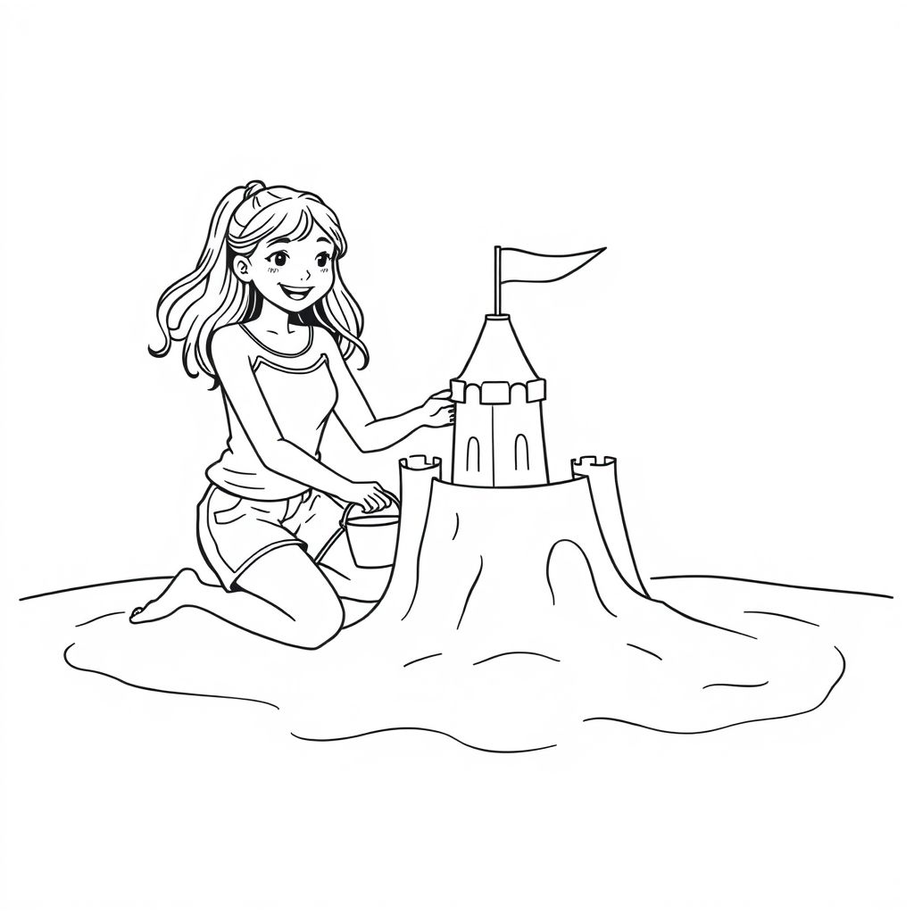 Một cô gái tuổi teen và một bé gái 4 tuổi, xây một lâu đài cát trên bãi biển