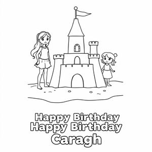 A teenage girl at one side of a sandcastle, and a 4 year old girl at the other side, on the beach. The teenager is called Caragh, the 4 year old is called Ava. "Happy Birthday Caragh" is printed at the bottom of the picture