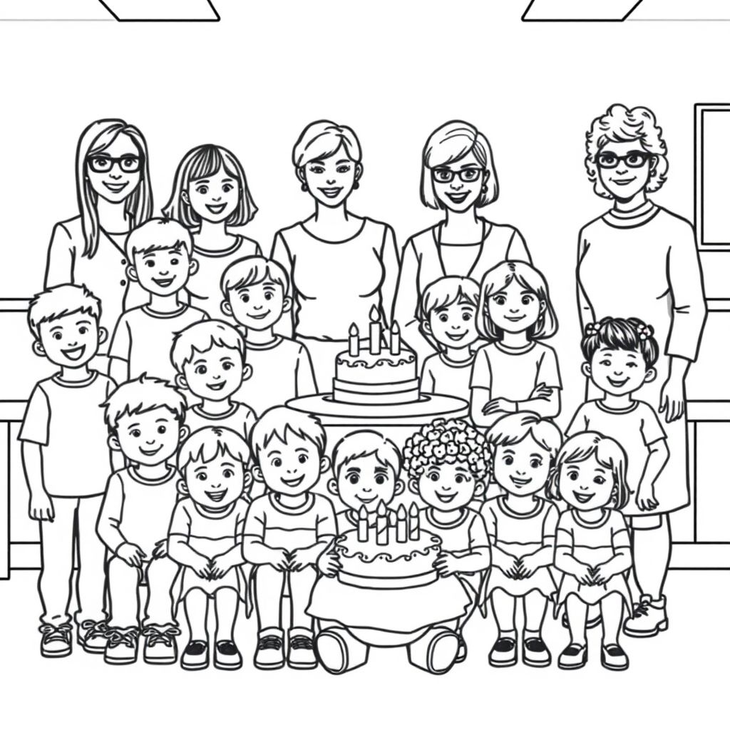 A classroom setting.  7 boys and 14 girls, ages 4-5 are posing for a class photograph.  5 teachers are also in the picture, 4 ladies in their early 30's, one of them wears glasses, one of them has a bob haircut, and a lady with short curly hair in her 60's, holding a cake