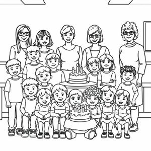 A classroom setting.  7 boys and 14 girls, ages 4-5 are posing for a class photograph.  5 teachers are also in the picture, 4 ladies in their early 30's, one of them wears glasses, one of them has a bob haircut, and a lady with short curly hair in her 60's, holding a cake