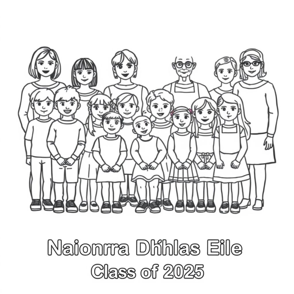 A playschool class photograph.  There is 20 children aged 4, 7 boys and 14 girls in the photo.  5 teachers are also in the picture. They are  5 woman, one of them has a bob haircut and is aged in her 30's, one has long hair and glasses aged in her 20's, one is a lady in her 60's and wears an apron. There is only one woman in an apron, and only one women wearing glasses. On the bottom of the picture it has printed "Naíonra Dhúrlas Éile Class of 2025"
