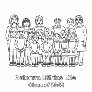 A playschool class photograph.  There is 20 children aged 4, 7 boys and 14 girls in the photo.  5 teachers are also in the picture. They are  5 woman, one of them has a bob haircut and is aged in her 30's, one has long hair and glasses aged in her 20's, one is a lady in her 60's and wears an apron. There is only one woman in an apron, and only one women wearing glasses. On the bottom of the picture it has printed "Naíonra Dhúrlas Éile Class of 2025"