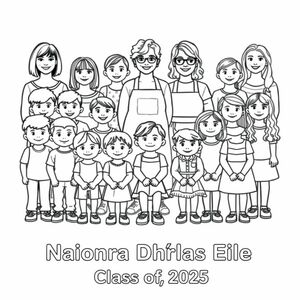 Một bức ảnh lớp học chơi.  Có 20 trẻ em 4 tuổi, 7 trai và 14 bé gái trong ảnh.  Tất cả 20 trẻ em đều có trong ảnh.5 giáo viên cũng có trong hình. Họ là phụ nữ 5 tuổi, một trong số họ cắt tóc bob và ở độ tuổi 30, một người để tóc dài và đeo kính ở độ tuổi 20, một người là phụ nữ ở độ tuổi 60, với mái tóc xoăn ngắn và đeo tạp dề. Một phụ nữ có mái tóc dài xoăn gợn sóng và không đeo kính, một phụ nữ có mái tóc dài thẳng và không đeo kính. Chỉ có một phụ nữ đeo tạp dề, và chỉ có một phụ nữ đeo kính. Ở cuối bức tranh, nó đã in "Naíonra Dhúrlas Éile Class of 2025"