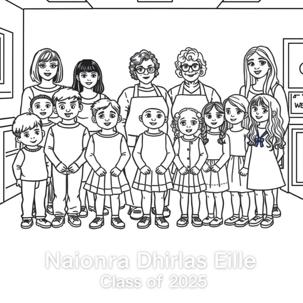 A playschool class photograph in a classroom setting.  There is 7 boys and 14 girls in the photo aged 4. 5 teachers are also in the picture. They are  5 woman, one of them has a bob haircut and is aged in her 30's, one has long dark hair and glasses aged in her 20's, one is a lady in her 60's, with short curly hair and wears an apron. One woman has long curly wavy hair and no glasses, one lady has long straight hair and no glasses. There is only one woman in an apron, and only one women wearing glasses. On the bottom of the picture it has printed "Naíonra Dhúrlas Éile Class of 2025".
Ensure all 20 children are included in the image.