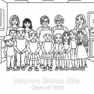 A playschool class photograph in a classroom setting.  There is 7 boys and 14 girls in the photo aged 4. 5 teachers are also in the picture. They are  5 woman, one of them has a bob haircut and is aged in her 30's, one has long dark hair and glasses aged in her 20's, one is a lady in her 60's, with short curly hair and wears an apron. One woman has long curly wavy hair and no glasses, one lady has long straight hair and no glasses. There is only one woman in an apron, and only one women wearing glasses. On the bottom of the picture it has printed "Naíonra Dhúrlas Éile Class of 2025".
Ensure all 20 children are included in the image.