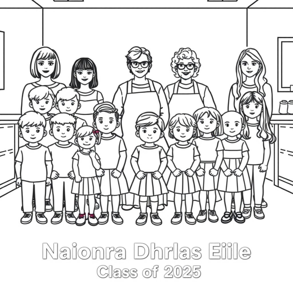 A playschool class photograph in a classroom setting.  There is 7 boys and 14 girls in the photo aged 4. 5 teachers are also in the picture. They are  5 woman, one of them has a bob haircut and is aged in her 30's, one has long dark hair and glasses aged in her 20's, one is a lady in her 60's, with short curly hair and wears an apron. One woman has long  wavy hair and no glasses and no apron, one lady has long straight hair and no glasses. . On the bottom of the picture it has printed "Naíonra Dhúrlas Éile Class of 2025"
